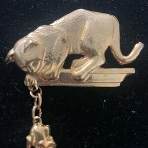 Gold Cat Brooch with Dangling Mouse Brooch